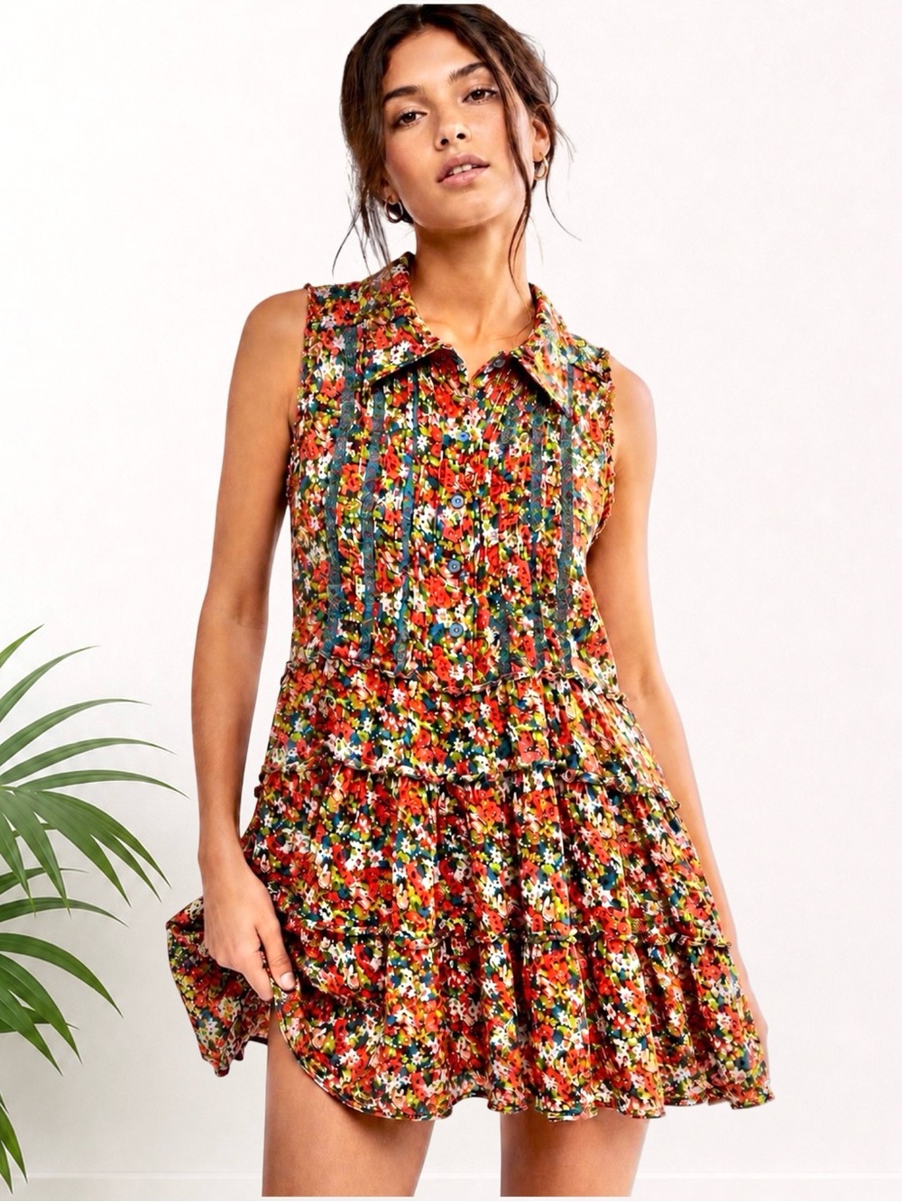 Free People XS Floral Tiered Sleeveless Mini Dress Boho Ruffle Collared Dress